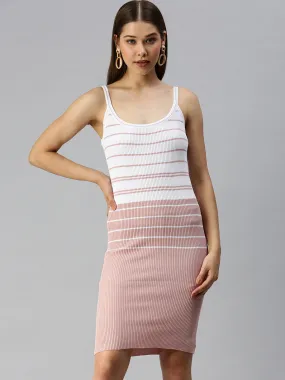 Women Shoulder Straps Striped Bodycon Peach Dress