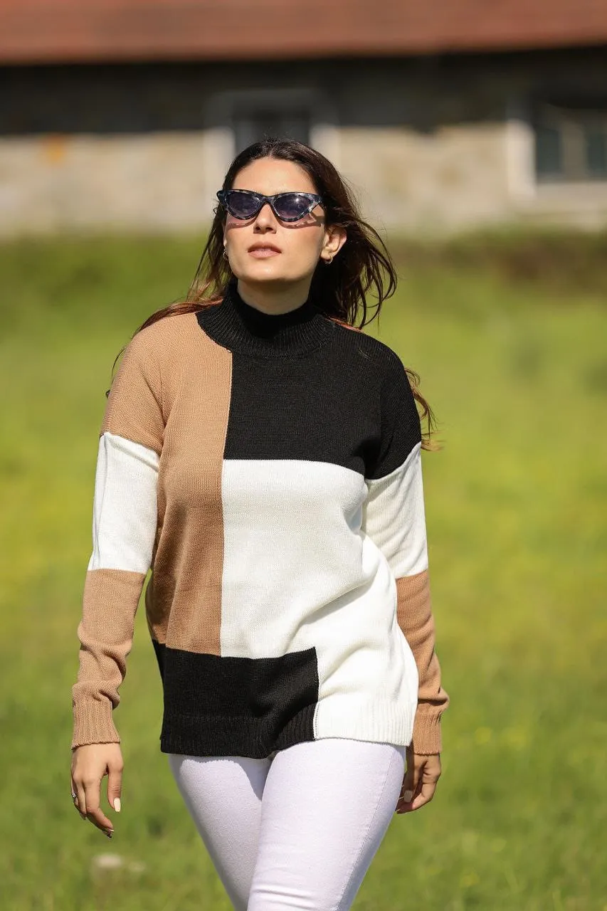 Women Square Colorblock Turkish Knitted Long Sleeves Sweater B443