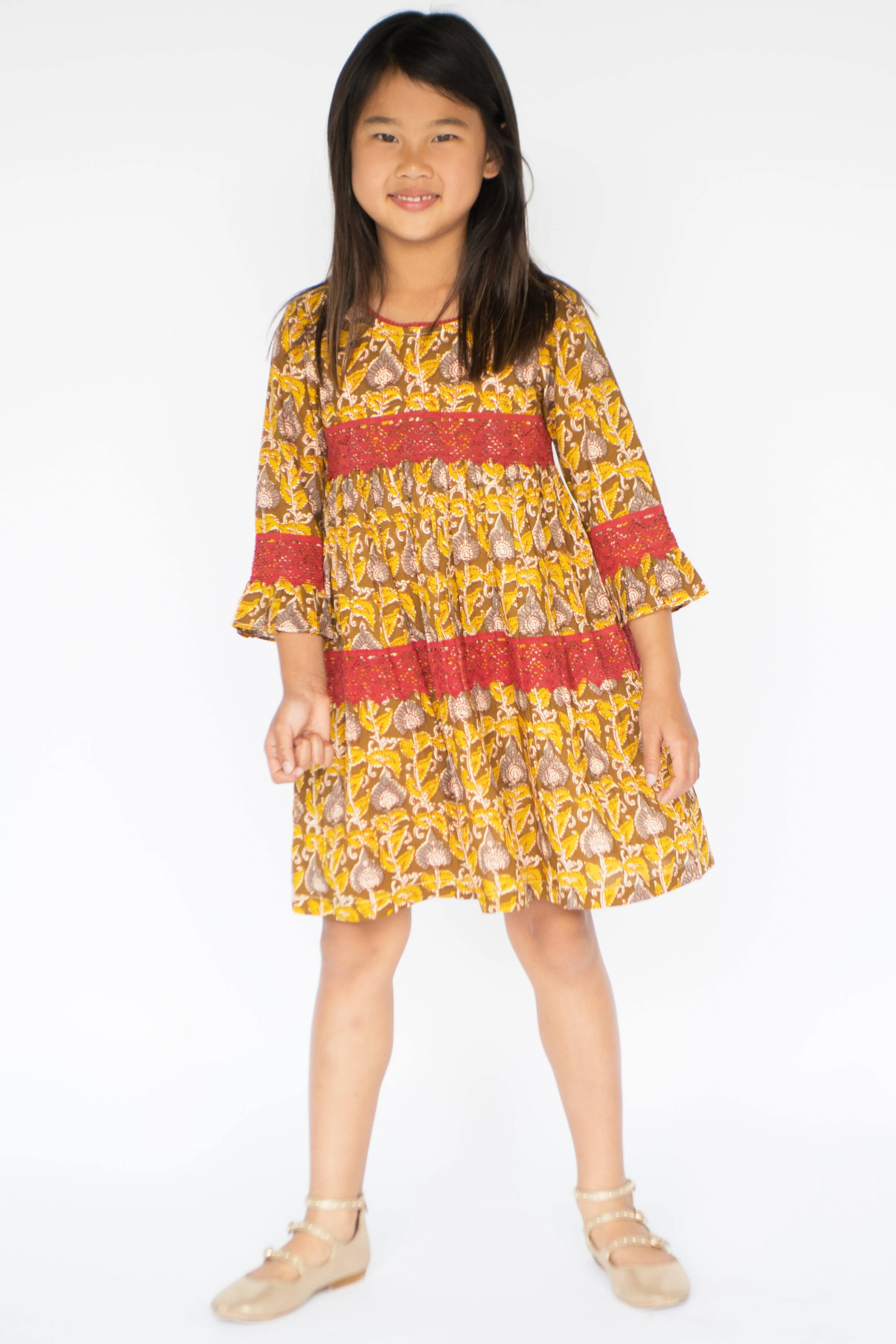 Yellow & Brown Floral Bell-Sleeve Dress